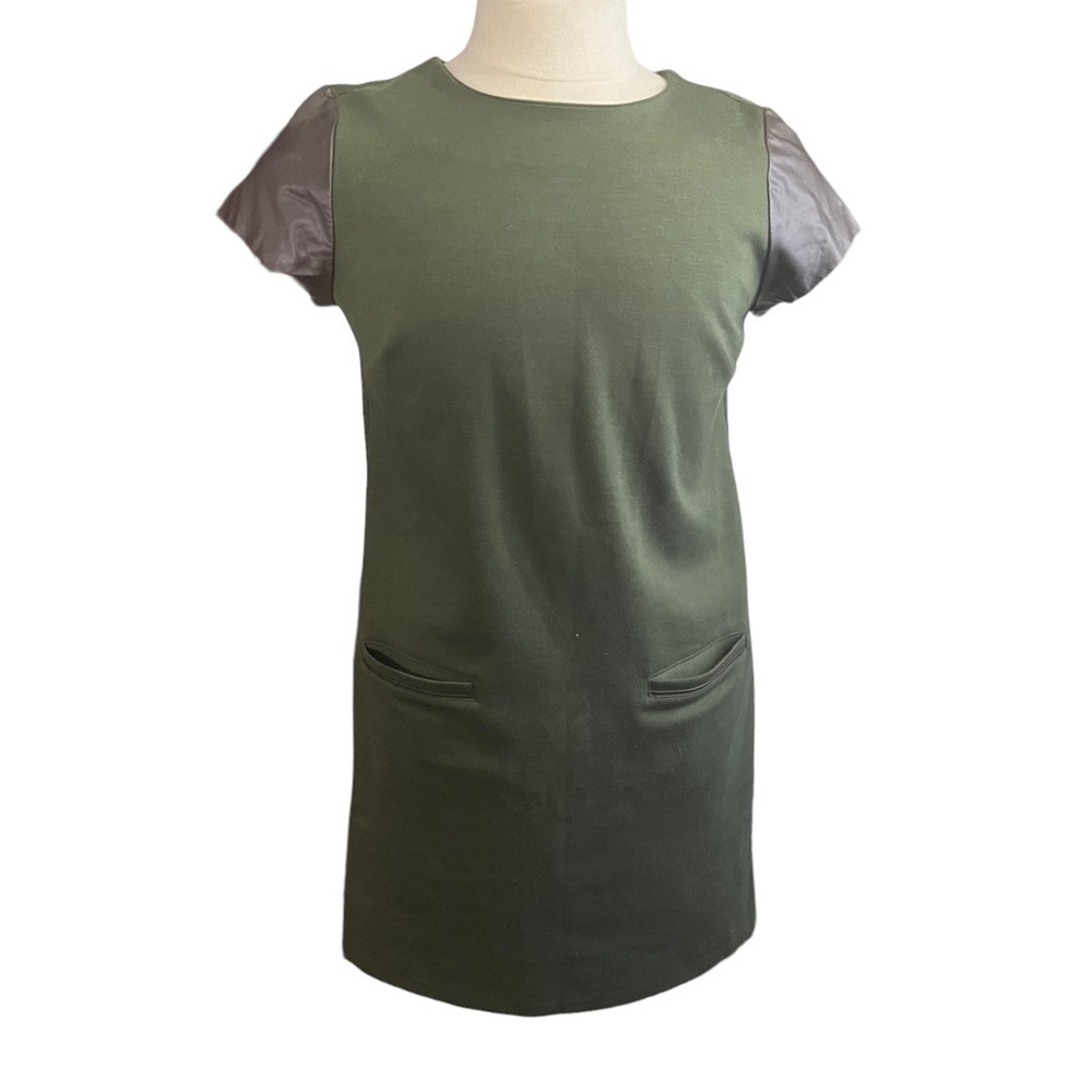 Tommy Hilfiger Women Olive Green Faux Brown Leather Accents Mini Dress Sz Large